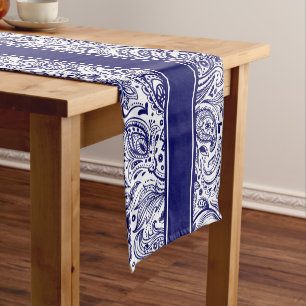 Elegant Blue and White Floral Paisley & Stripes Short Table Runner