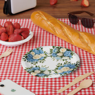 Elegant Blue and White Floral Paper Plate
