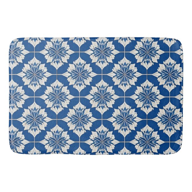 Elegant Blue and White Floral Pattern Bath Mat (Front)