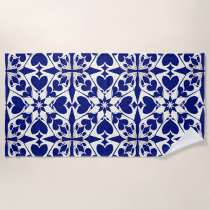 Elegant Blue and White Floral Pattern Beach Towel