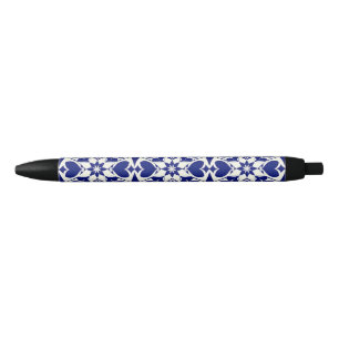 Elegant Blue and White Floral Pattern Black Ink Pen