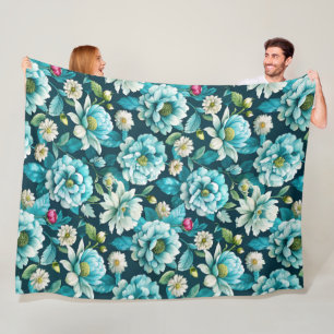 Elegant Blue and White Floral Pattern Fleece Blank Blanket