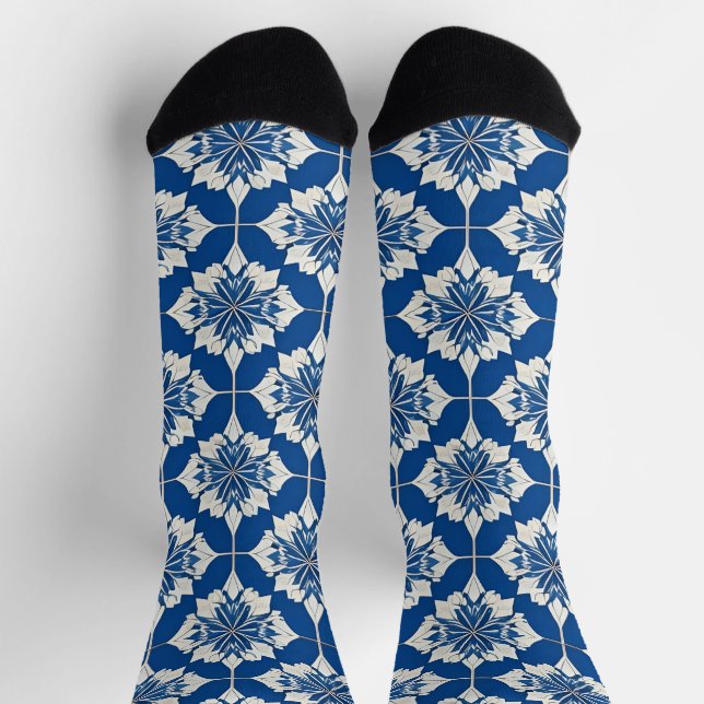Elegant Blue and White Floral Pattern Socks (Top)