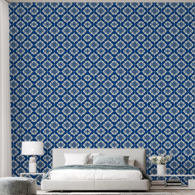 Elegant Blue and White Floral Pattern Wallpaper (Bedroom)