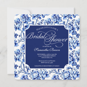 Elegant Blue and White Floral Toile Bridal Shower Invitation