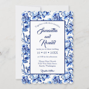 Elegant Blue and White Floral Toile Wedding Invitation