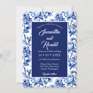 Elegant Blue and White Floral Toile Wedding Invitation