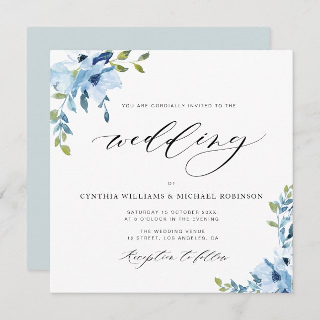 elegant blue and white floral wedding invitation (Front/Back)