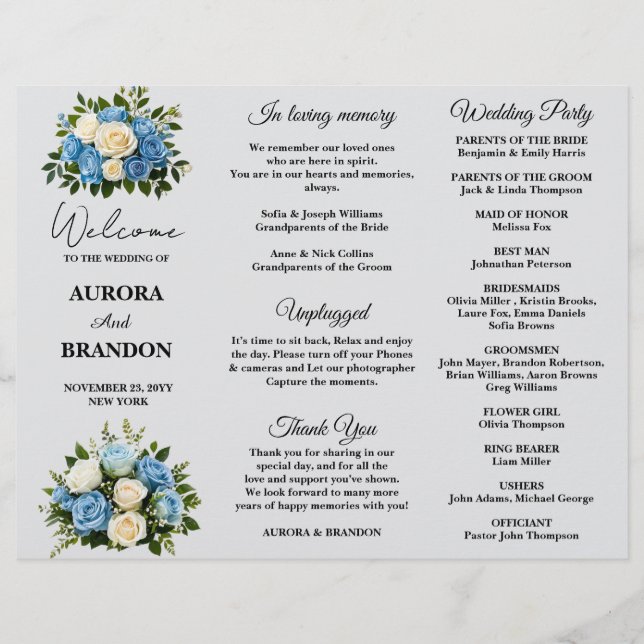 Elegant Blue and White Floral Wedding Program (Front)