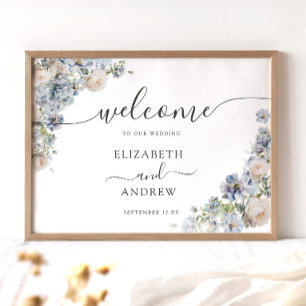Elegant Blue and White Floral Welcome Wedding Poster