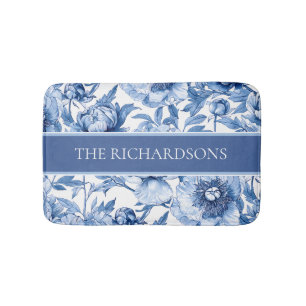 Elegant Blue and White Flowers Floral Pattern Bath Mat