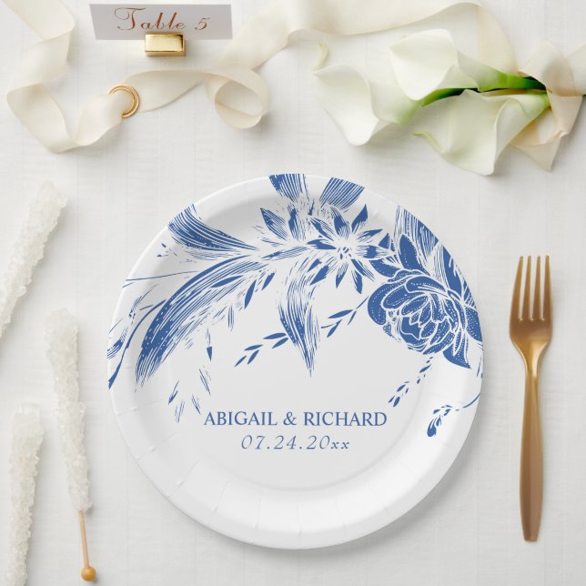 Elegant blue and white flowers wedding paper plate (Wedding)