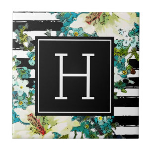 Elegant Blue and White Flowers with Monogram Ceramic Tile