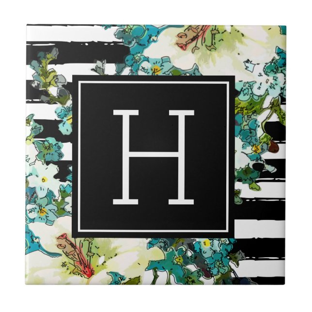 Elegant Blue and White Flowers with Monogram Ceramic Tile (Front)