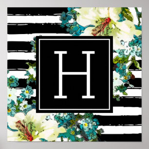 Elegant Blue and White Flowers with Monogram Poster