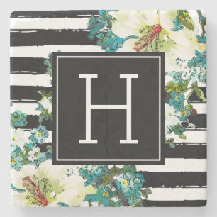 Elegant Blue and White Flowers with Monogram Stone Coaster
