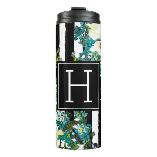 Elegant Blue and White Flowers with Monogram Thermal Tumbler
