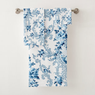 Elegant Blue and White French Rococo Floral Bath Towel Set