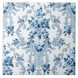 Elegant Blue and White French Rococo Floral Ceramic Tile<br><div class="desc">Elegant,  romantic and ornate vintage French Rococo style seamless floral featuring blue roses and scrolls on white background.</div>