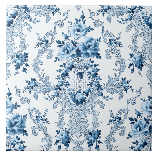 Elegant Blue and White French Rococo Floral Ceramic Tile (Front)