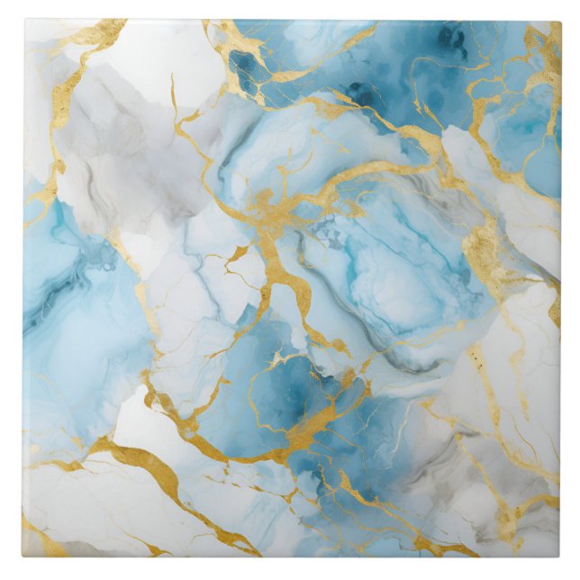 Elegant Blue And White Gold Marble Pattern  Ceramic Tile (Front)