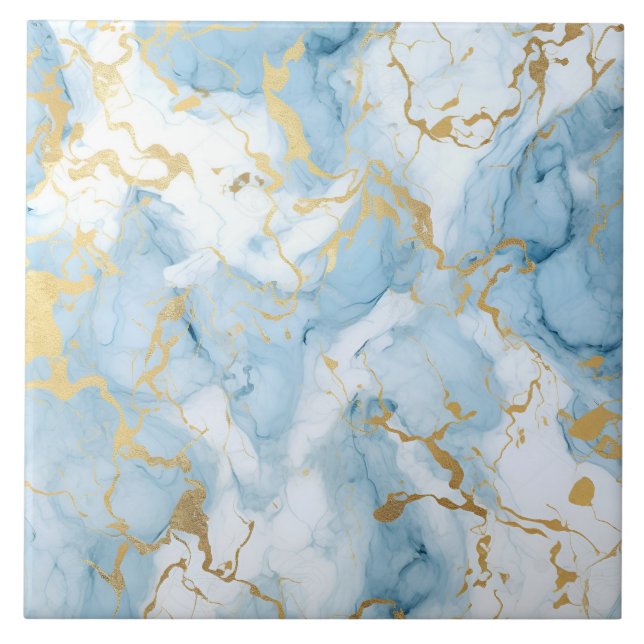 Elegant Blue And White Gold Marble Pattern  Ceramic Tile (Front)
