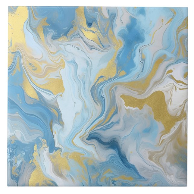 Elegant Blue And White Gold Marble Pattern  Ceramic Tile (Front)