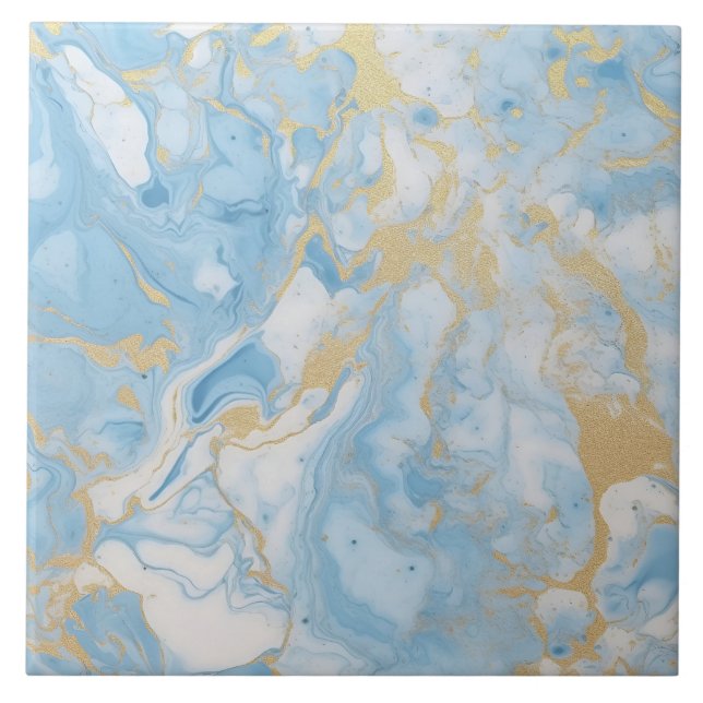 Elegant Blue And White Gold Marble Pattern  Ceramic Tile (Front)