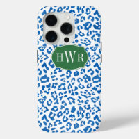 Elegant Blue And White Leopard Print Monogrammed
