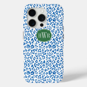 Elegant Blue And White Leopard Print Monogrammed iPhone 15 Pro Case