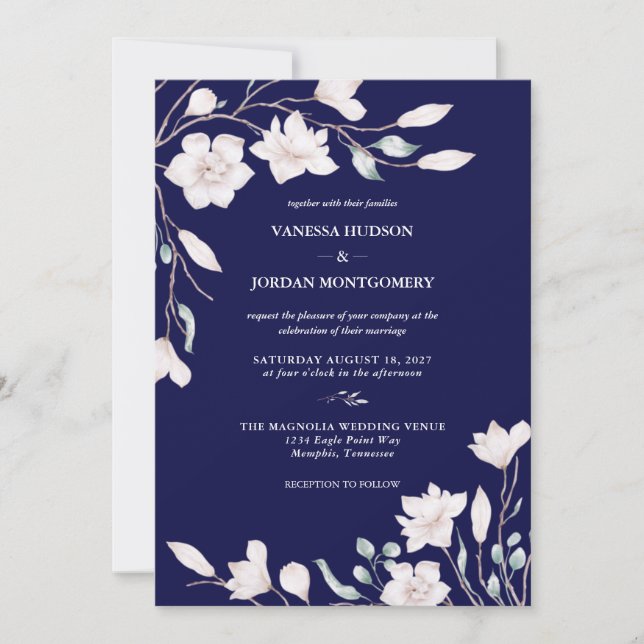 Elegant Blue and White Magnolia Floral Wedding Invitation (Front)