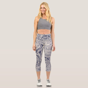 Elegant Blue and White Marble Swirl Capri Leggings