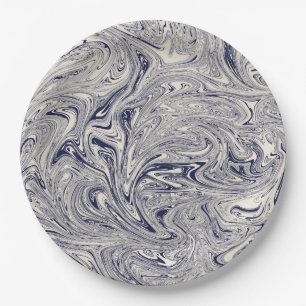 Elegant Blue and White Marble Swirl Paper Plate