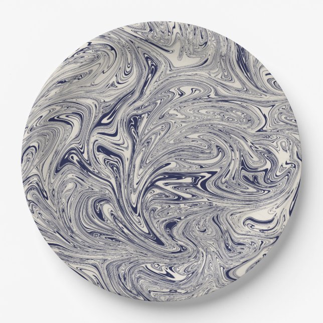 Elegant Blue and White Marble Swirl Paper Plate (Front)
