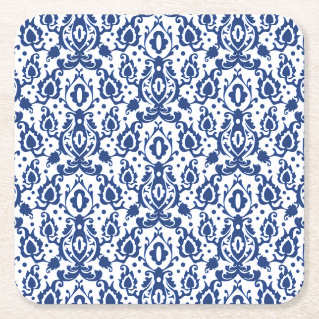 Elegant Blue and White Moroccan Style Damask Square Paper Coaster (Front)