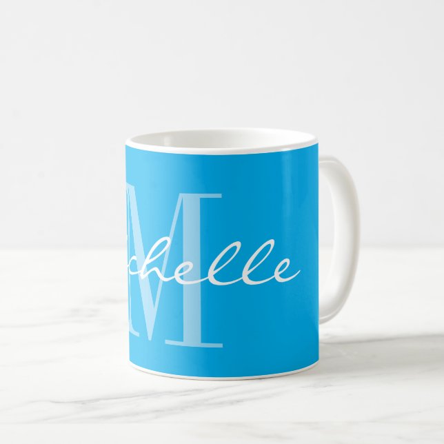 Elegant blue and white name monogram coffee mug (Front Right)