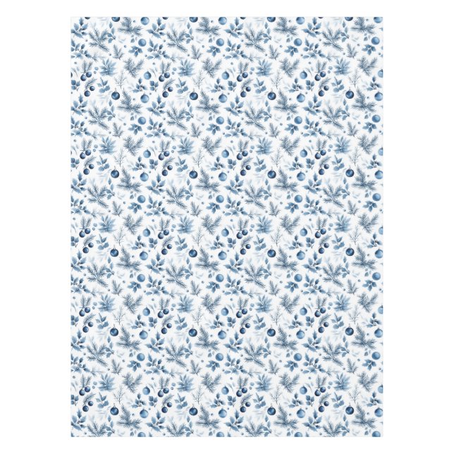 Elegant Blue and White Pine and Holly Christmas Tablecloth (Front)
