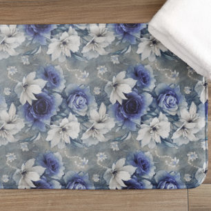 Elegant Blue and White Roses and Lilies  Bath Mat
