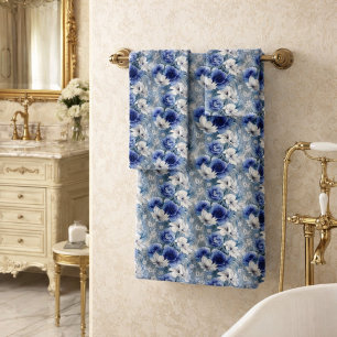 Elegant Blue and White Roses and Lilies  Bath Towel Set