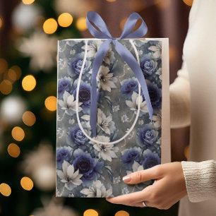 Elegant Blue and White Roses and Lilies  Medium Gift Bag