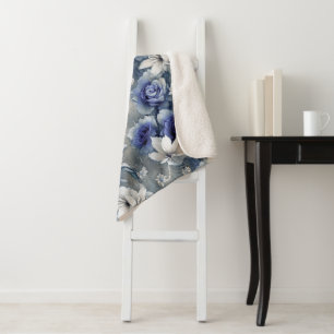 Elegant Blue and White Roses and Lilies Sherpa Blanket