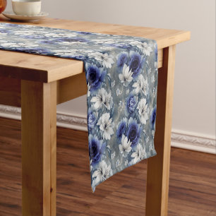 Elegant Blue and White Roses and Lilies  Short Table Runner