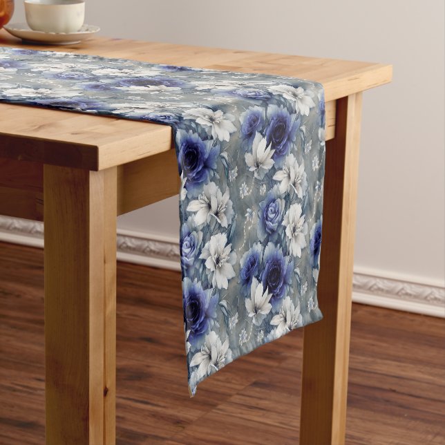 Elegant Blue and White Roses and Lilies  Short Table Runner (In Situ)