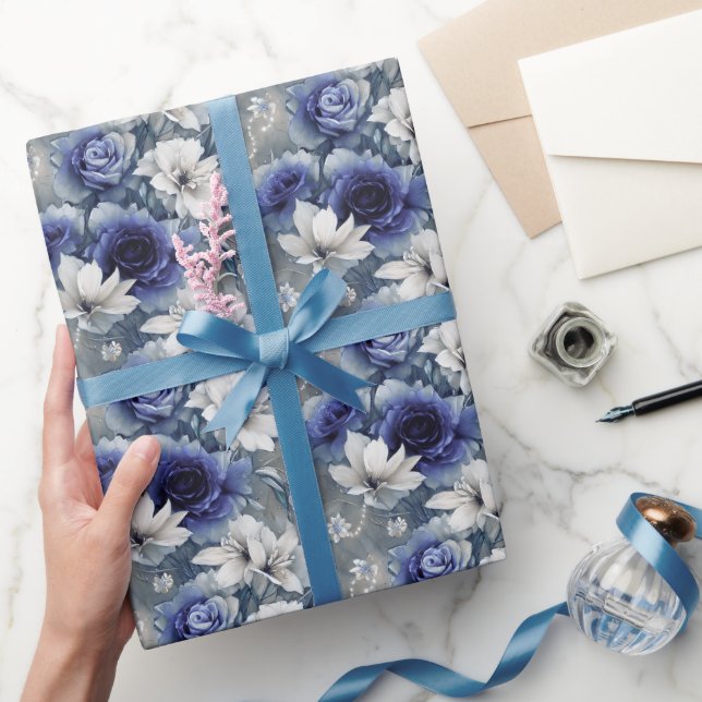 Elegant Blue and White Roses and Lilies  Wrapping Paper (Gifting)