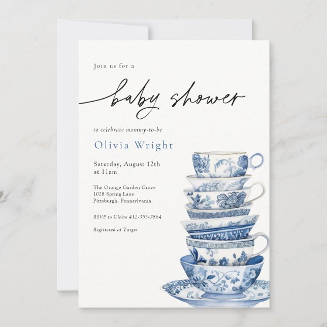 Elegant Blue and White Teacup Baby Shower Invitation (Front)