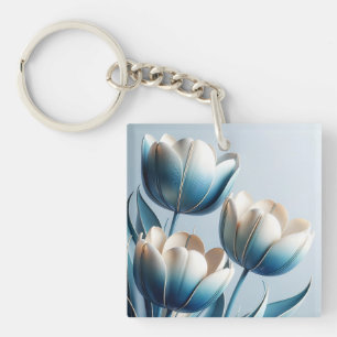 Elegant Blue and White Tulips Key Ring