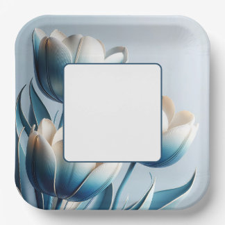 Elegant Blue and White Tulips Paper Plate