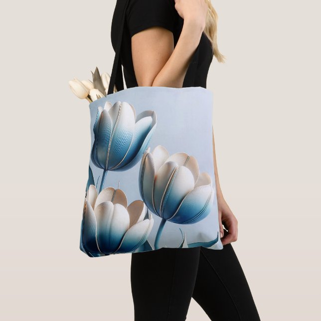 Elegant Blue and White Tulips Tote Bag (Close Up)