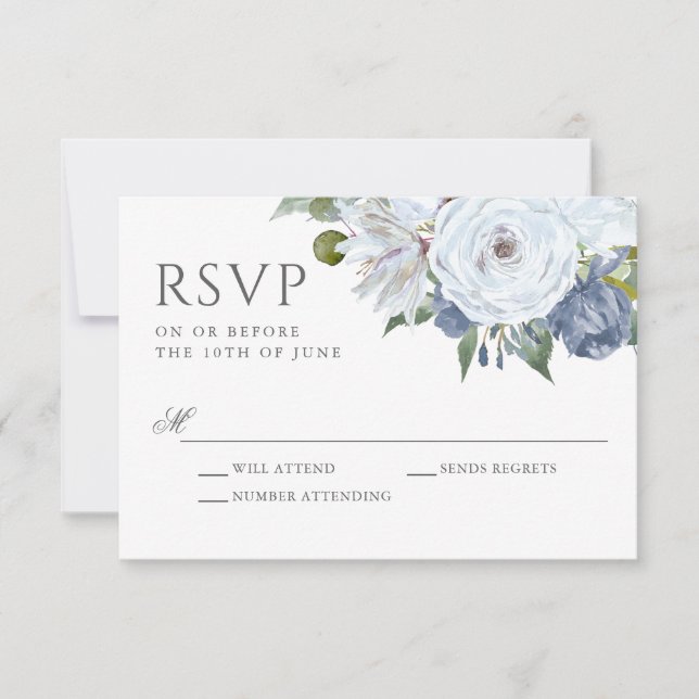 Elegant Blue and White Watercolor Floral RSVP (Front)