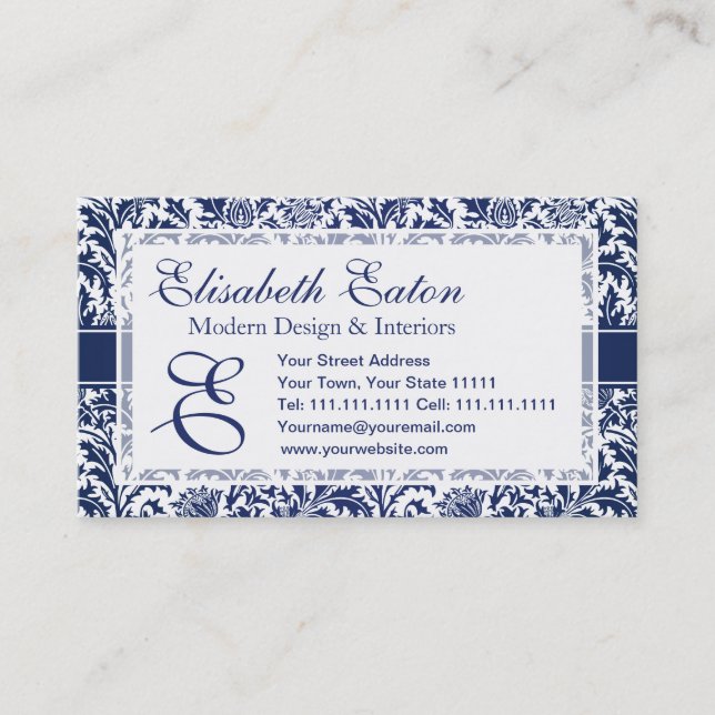 Elegant Blue and White William Morris Floral Business Card (Front)